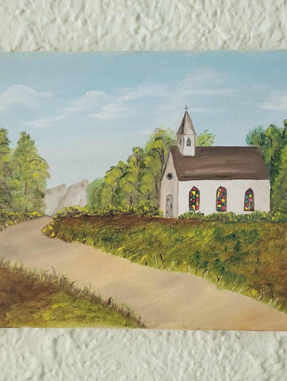 Original Acrylic 9x12" Painting Wall Art  Landscape Church stained glass windows